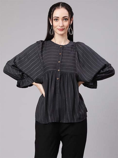 Jaipur Kurti Grey & Black Striped Top Pant Set