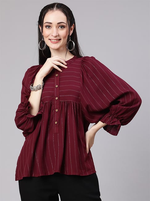 Jaipur Kurti Maroon & Black Striped Top Pant Set