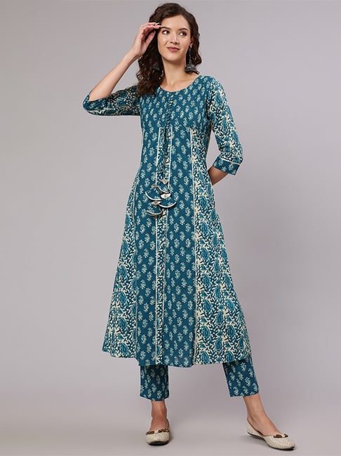 Jaipur Kurti Blue Cotton Printed Kurta Pant Set