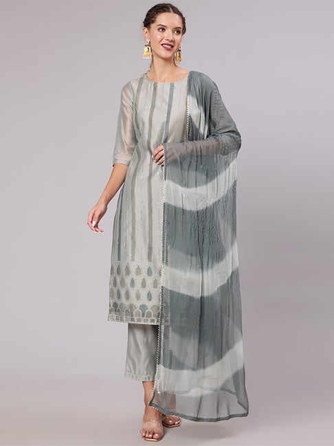 Jaipur Kurti Grey Embellished Kurta Pant Set With Dupatta Price in India