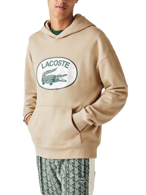 Lacoste Beige Cotton Loose Fit Logo Printed Hooded Sweatshirt