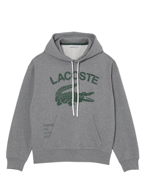 Lacoste Grey Cotton Loose Fit Logo Printed Hooded Sweatshirt