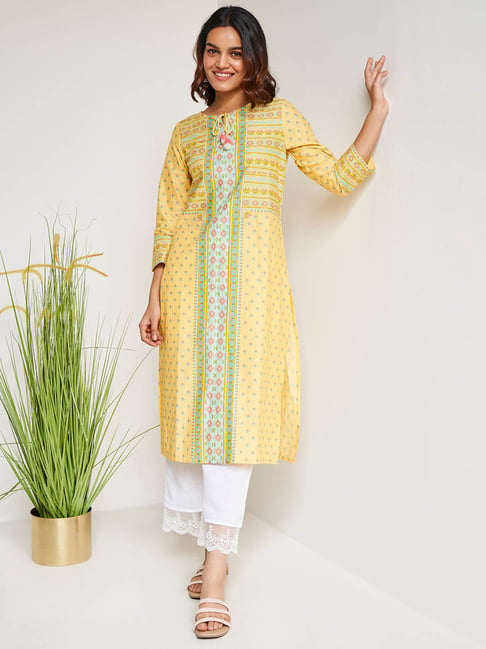 Global Desi Yellow Cotton Floral Print Straight Kurta