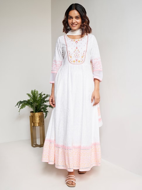 Global Desi White Cotton Embroidered Fit & Flare Kurta With Dupatta Price in India