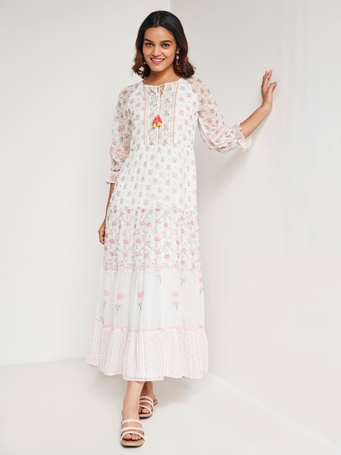 Global Desi Off White Floral Maxi Dress Price in India