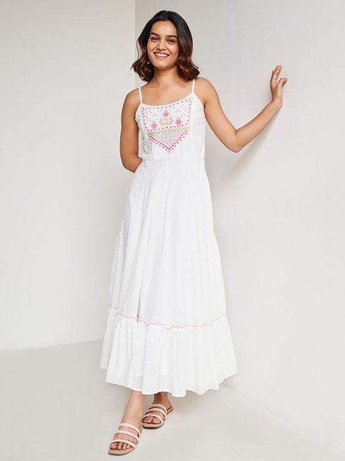 Global Desi White Cotton Embroidered Maxi Dress Price in India
