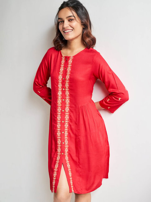 Global Desi Red Floral Shirt Dress Price in India