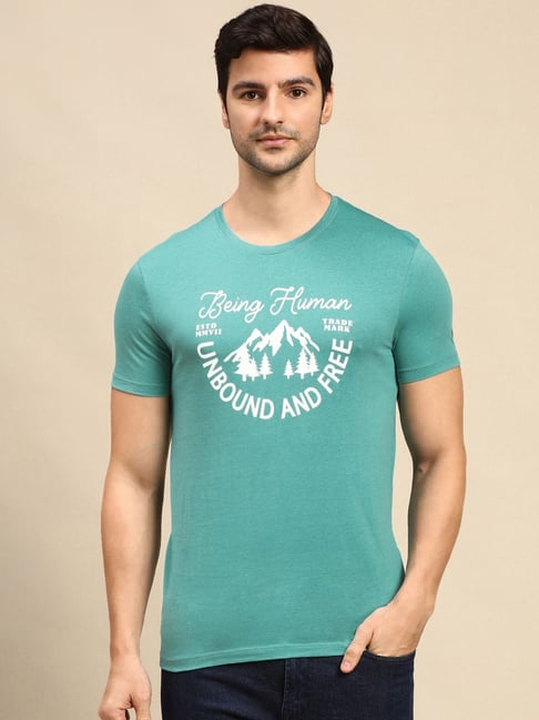 Being Human Aqua Blue Cotton Regular Fit Printed T-Shirt