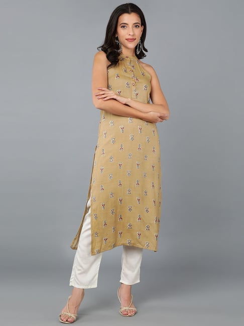 Vaamsi Beige Cotton Printed Straight Kurta-picture-12