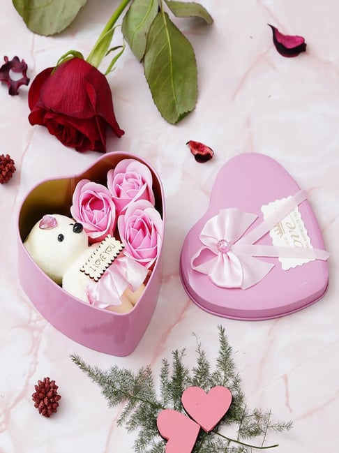 Buy eCraftIndia Pink White Gift Box with Roses, Teddy Bear