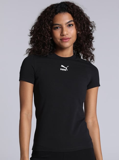 Puma Black Cotton Logo Sports T-Shirt