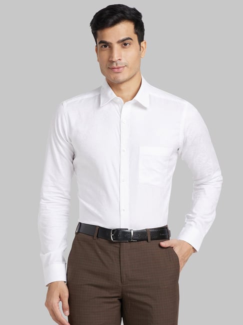 Raymond White Cotton Slim Fit Self Pattern Shirt