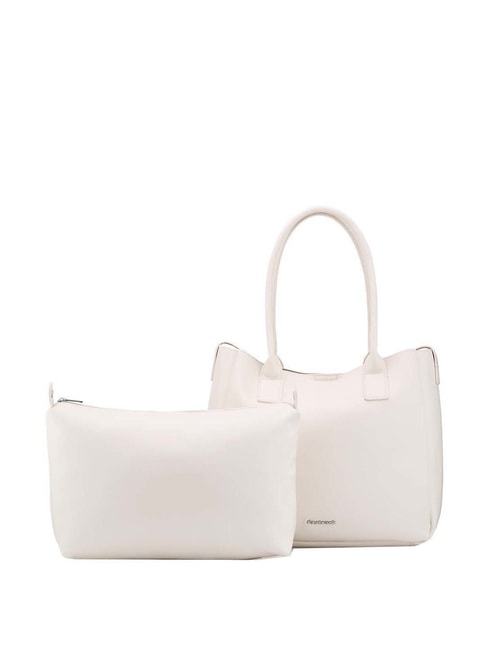 Fastrack White Solid Medium Tote Handbag with Pouch