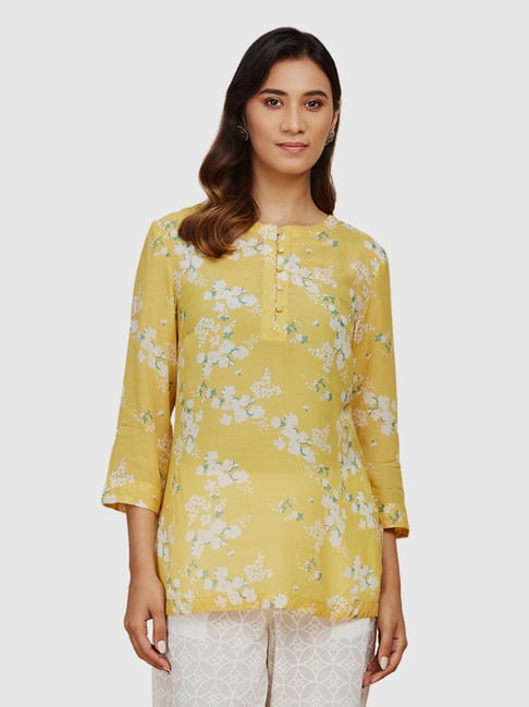 Fabindia Yellow Floral Print Straight Short Kurti - Main Image