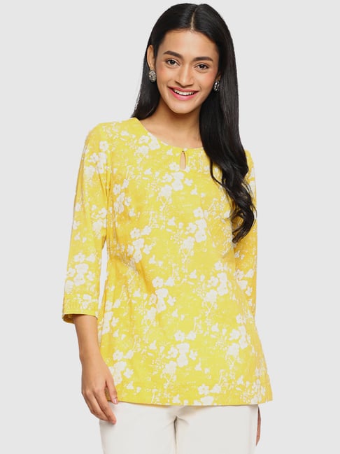 Fabindia Yellow Cotton Floral Print Straight Short Kurti