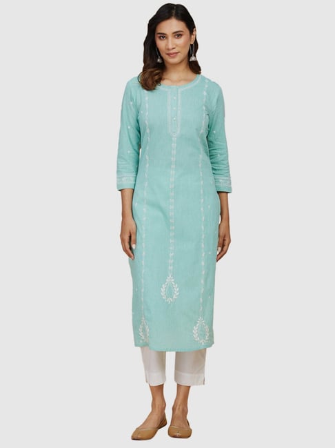 Fabindia Blue Cotton Embroidered Straight Kurta