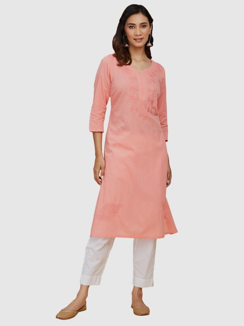 Fabindia Pink Cotton Embroidered Straight Kurta Price in India