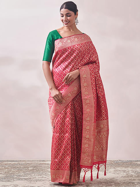 Mohey Pink Woven Saree With Unstitched Blouse Price in India