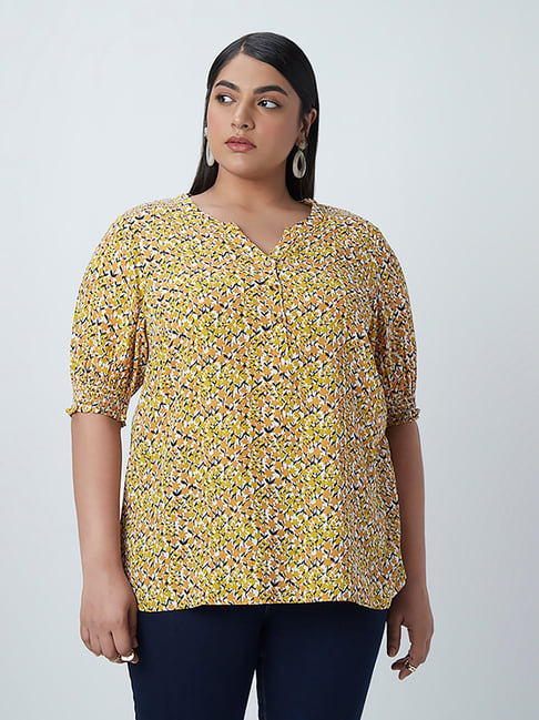 Gia Curves by Westside Mustard Floral-Printed Blouse Price in India