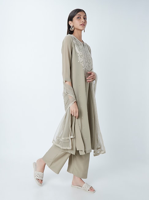 Vark by Westside Grey A-Line Kurta, Palazzos and Stole Price in India