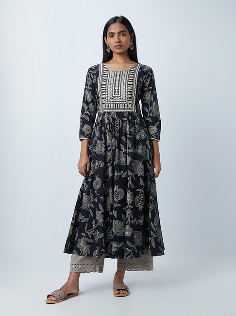 Utsa by Westside Black Floral Print Fit-And-Flare Kurta Price in India