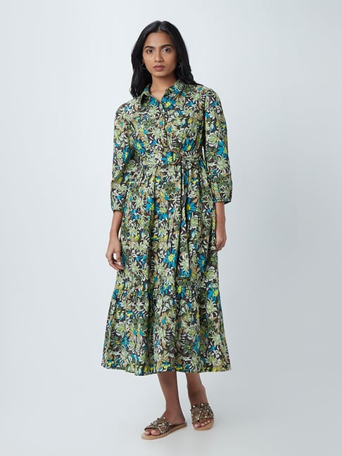 LOV by Westside Green Floral-Printed Tiered Dress With Belt Price in India