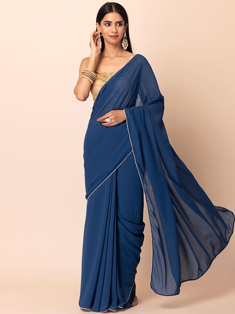 Indya Blue Solid Saree With Unstitched Blouse Price in India