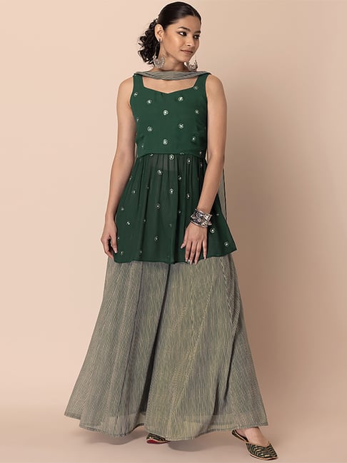 Indya Green Embellished Short Kurta Sharara Set With Dupatta Price in India