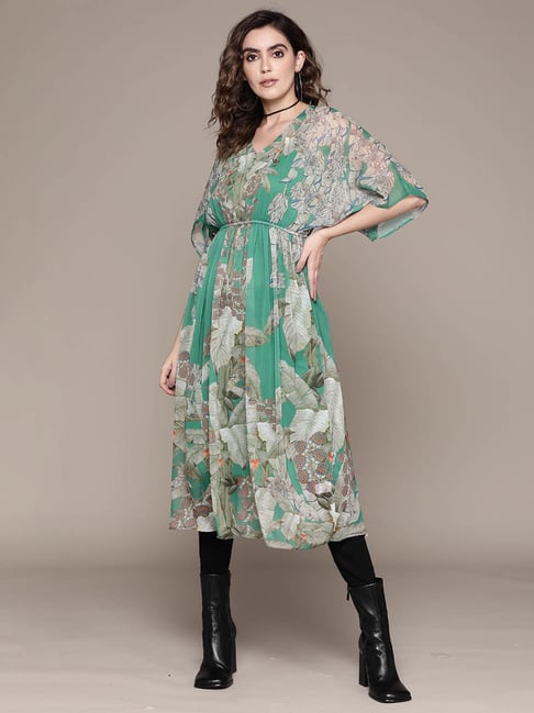 aarke Ritu Kumar Green Floral Flared Kurta With Camisole