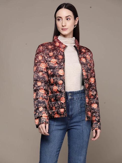 Label Ritu Kumar Maroon Black Floral Puffer Jacket
