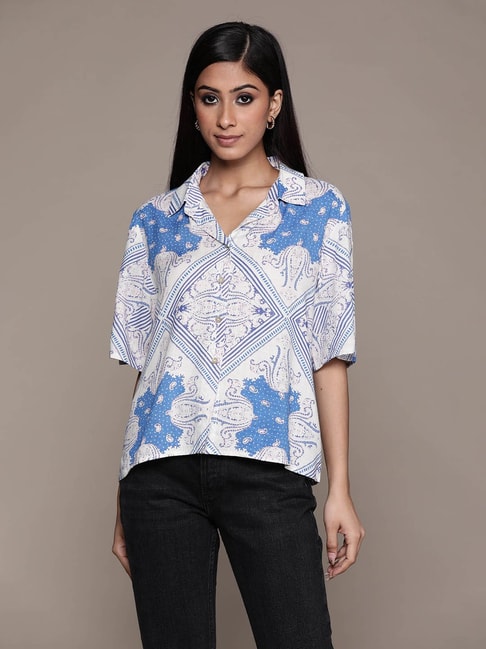 Label Ritu Kumar Blue & White Printed Shirt Price in India