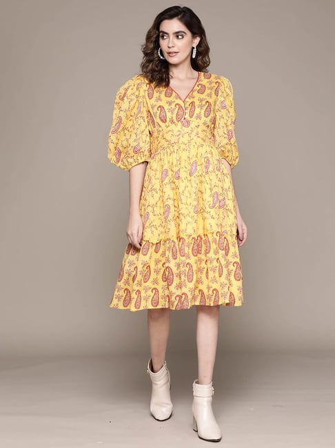 aarke Ritu Kumar Yellow Printed Fit & Flare Dress Price in India