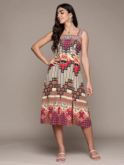 Label Ritu Kumar Ecru Geometric Print Midi Dress Price in India