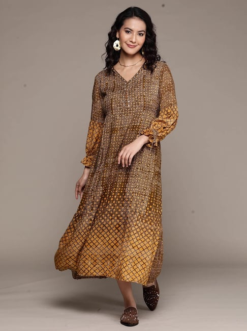 aarke Ritu Kumar Olive Printed Maxi Dress Price in India