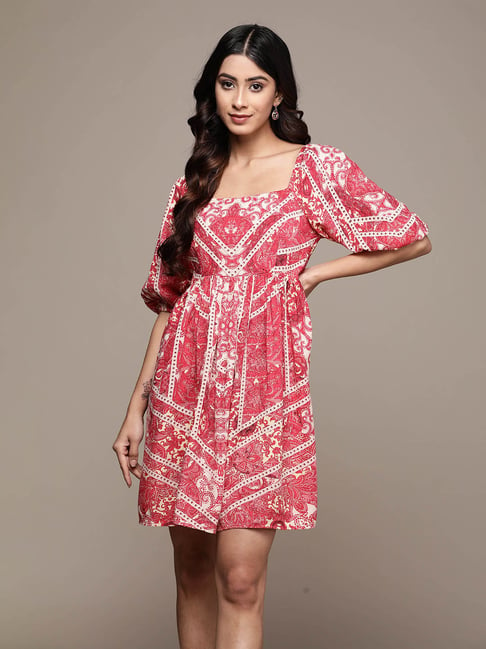 Label Ritu Kumar Rose Pink Geometric Print Fit & Flare Dress Price in India