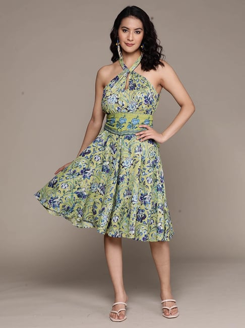 aarke Ritu Kumar Green Floral Fit & Flare Dress Price in India