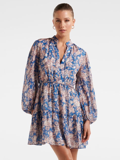 Forever New Blue Floral Print A Line Dress Price in India