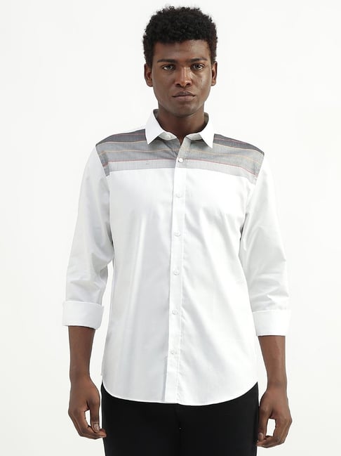 United Colors of Benetton White Cotton Slim Fit Striped Shirt