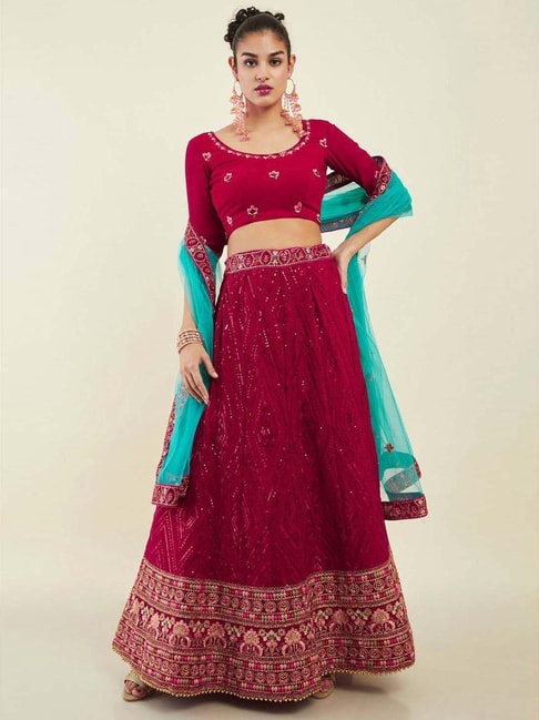 Soch Pink Embroidered Unstitched Lehenga Choli Set With Dupatta Price in India