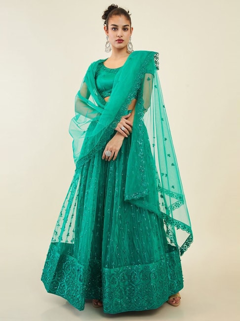 Soch Green Embroidered Unstitched Lehenga Choli Set With Dupatta Price in India