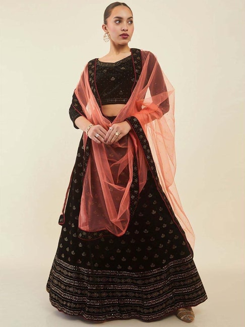 Soch Maroon Embellished Unstitched Lehenga Choli Set With Dupatta Price in India