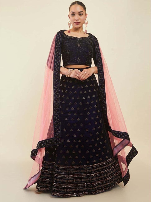 Soch Navy Embellished Unstitched Lehenga Choli Set With Dupatta Price in India