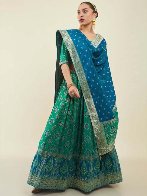 Soch Green Woven Pattern Unstitched Lehenga Choli Set With Dupatta Price in India
