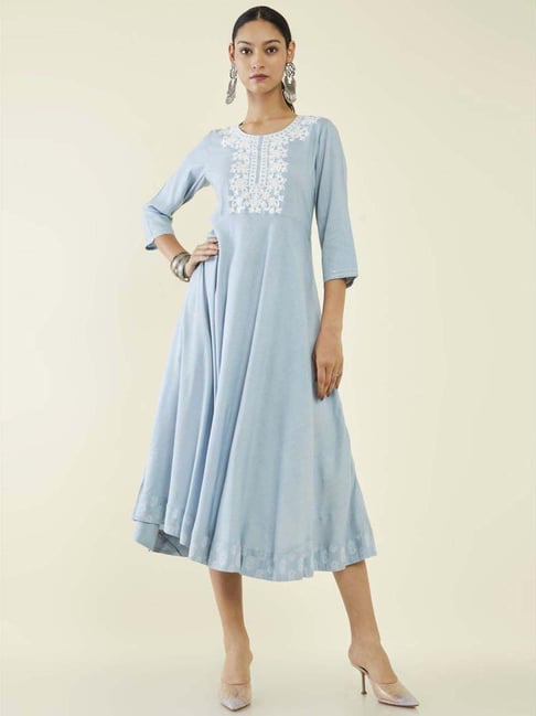 Soch Blue Embroidered A-Line Dress Price in India