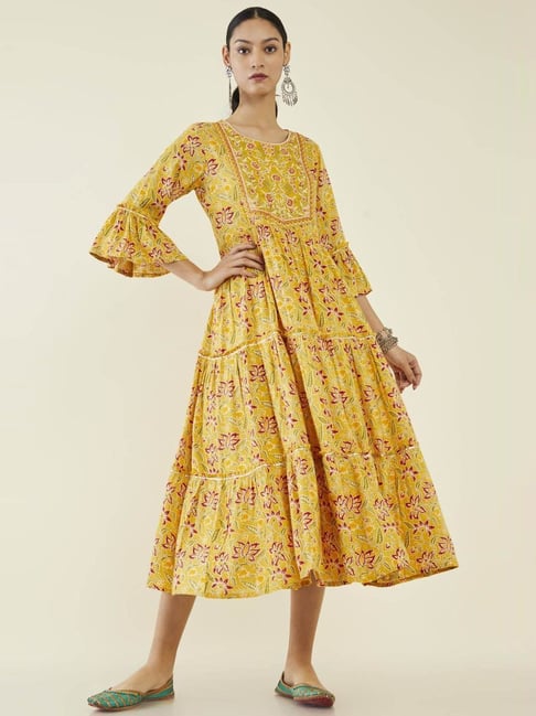 Soch Mustard Printed A-Line Dress Price in India