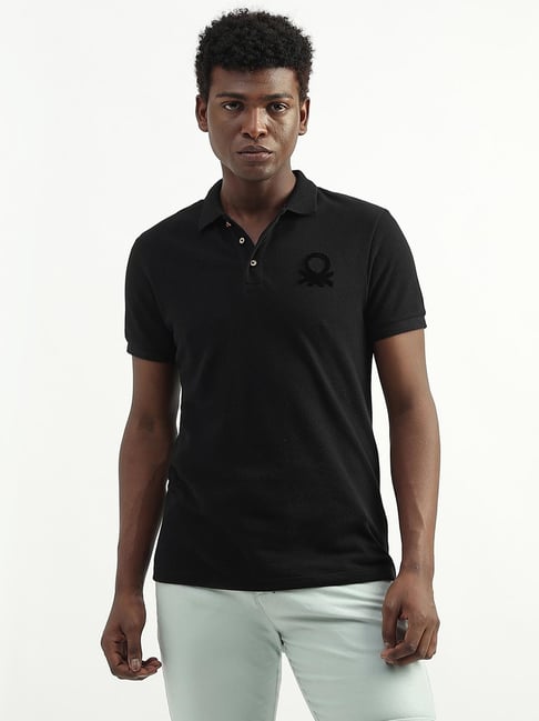 United Colors of Benetton Black Cotton Regular Fit Self Pattern Polo T-Shirt