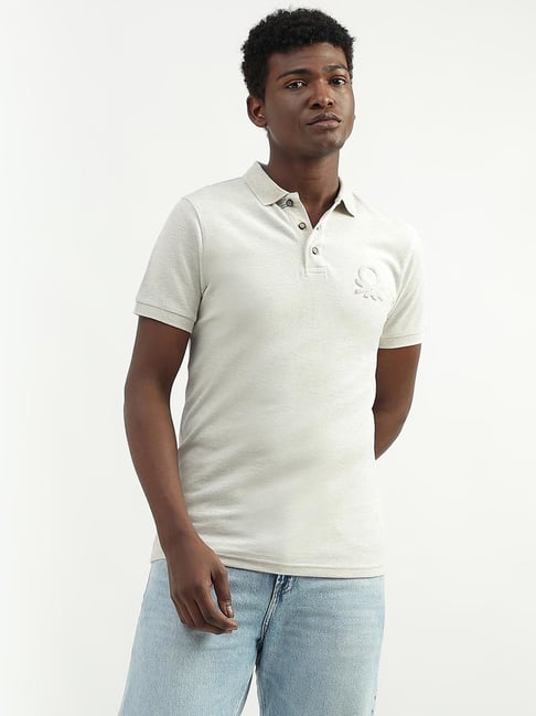 United Colors of Benetton Off White Cotton Regular Fit Self Pattern Polo T-Shirt