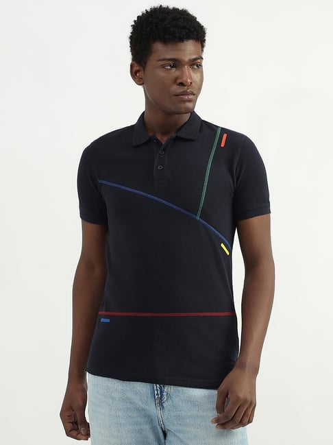 United Colors of Benetton Navy Blue Cotton Regular Fit Striped Polo T-Shirt