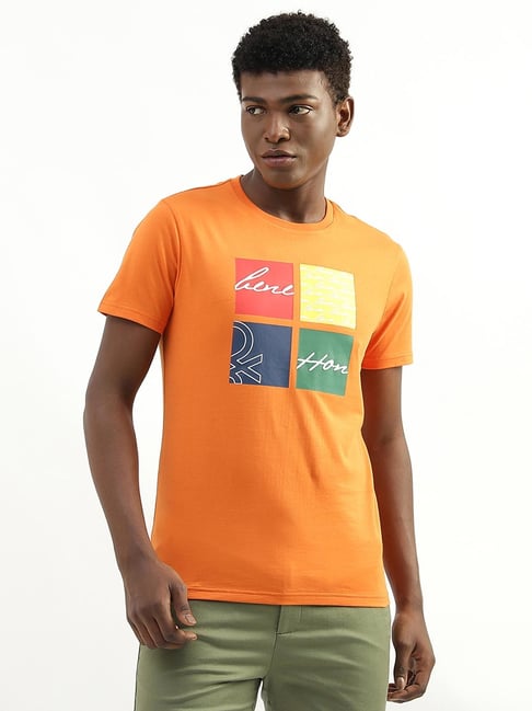 United Colors of Benetton Orange Cotton Regular Fit Printed T-Shirt