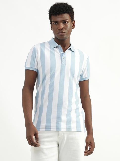 United Colors of Benetton White Cotton Regular Fit Striped Polo T-Shirt